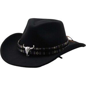 Unisex Black 100% Polyester Bull Skull Patterned Band Classic Fedora Cowboy Hat